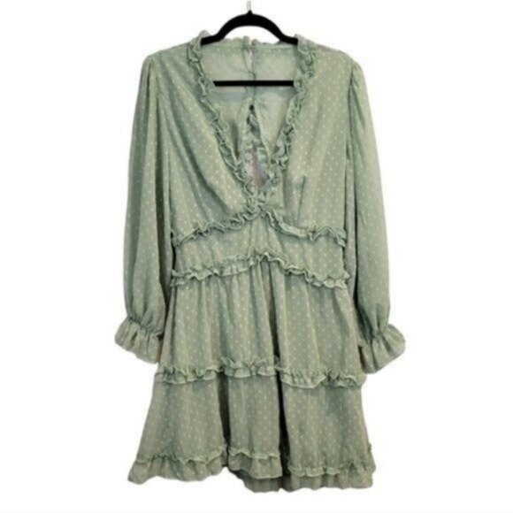 Shein Polka Dot Print Shirred Waist Layered Ruffle Hem Key hole Back Dress - Picture 2 of 10